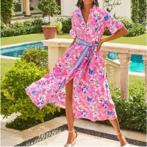 NWT LILLY PULITZER MARILISA STRETCH SHIRTDRESS PINK ISLE LAST BUD NOT LEAST - Picture 1 of 10